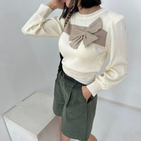 South Korea Contrast Color Sweet Big Bow Knitted Sweater