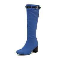 Chunky-heeled Over-the-knee Boots With Color-block Leather Belt Buckle