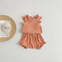 Summer Girls' Suit Rib Overall Dress Set Cotton Infant Flounced Sleeve Baby Girls' T-shirt Shorts Two-piece Suit