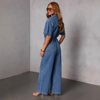 Fashionable Casual Loose It Straight Leg Denim Jumpsuit