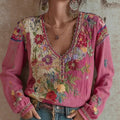 Artistic Printed Crew Neck Long-sleeve Blended Fabric T-shirt Blouse With Ethnic Style