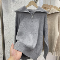 New Lazy Wind Polo Collar Solid Color Soft Glutinous Loose Thread Pullover Sweater Women's