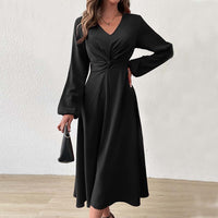 V-neck, Puff Sleeves Fitted Waist Elegant Midi Dress