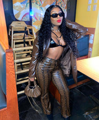 Printed Snake Print Stretch Leather Pants Women'S Wide-Leg Pants