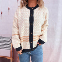 Retro Rhombus Contrast Color Round Neck Long-sleeved Knitted Sweater
