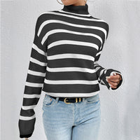 Women's Loose Contrast Color Striped Sweater Long-sleeved Top