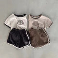 Korean Style Double Row English Pattern Solid Color Suit Short Sleeve Shorts Round Neck 2-piece Set