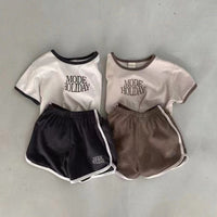Korean Style Double Row English Pattern Solid Color Suit Short Sleeve Shorts Round Neck 2-piece Set