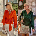 Women's Long-sleeve Shirts V-neck Lace-up Graceful Satin