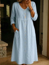 Fashionable Casual Loose Long-Sleeve Cotton-Linen Button-Up Womens Long Dress