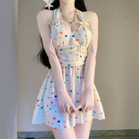 Polka Dot Sexy WaistCinching Halter Womens One Piece Swimsuit