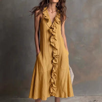 Solid-color Sleeveless Cotton-Linen V-Neck Maxi Dress With Ruffled Hem