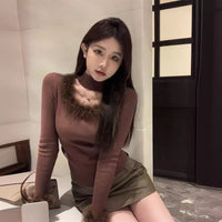 Women's Patchwork Halter Round Neck Soft Glutinous Dralon Bottoming Shirt