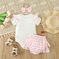 Girls Summer Letter T-shirt Plaid Short Skirt Three Piece Set