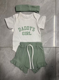 Girls' Letter Print Short-sleeve Romper Shorts Headscarf Three-piece Set