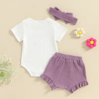 Girls' Letter Print Short-sleeve Romper Shorts Headscarf Three-piece Set