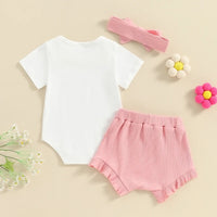 Girls' Letter Print Short-sleeve Romper Shorts Headscarf Three-piece Set