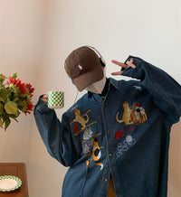 Women's Cat Embroidered Retro Denim Shirt Coat