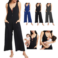 Pure Color Casual Breastfeeding Button Pocket Jumpsuit Women