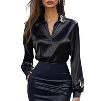 Spring Autumn Fashion Commuting Satin V-neck Long-sleeved Shirt Casual Loose Blouse Office Women Shirts Solid Color Elegant Lady Solid Simple Tops
