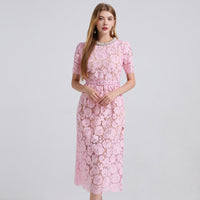 Lace Crew-Neck Beaded High-Waisted Defined-Waistline Dress