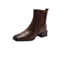 Retro Woven Square-toe Chunky-heel Womens Full-grain Leather  Boots With Elastic Side Panels
