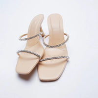 High Heels Beige Square Head Glitte Stiletto Slippers Women's Shoes