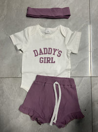 Girls' Letter Print Short-sleeve Romper Shorts Headscarf Three-piece Set