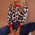 Contrast Color Leopard Jacquard Long-sleeved Knitted Sweater