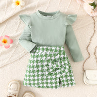 Girl's Long-sleeved Top With Plaid Bow Short Skirt Set