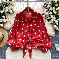 Tie-waist Lantern Sleeve Polka Dot Hot Drill Shirt