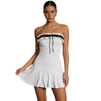 Womens Polka-Dot Waist-Cinching Tube Dress