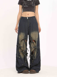 Ripped Love Lace-up Jeans Women's High Waist Straight Wide Leg Pants