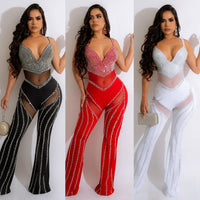 Women's See-through Deep V Rhinestone Jumpsuit