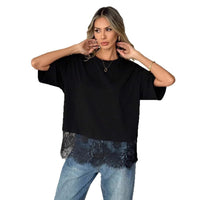Summer Womens Crew Neck Pullover Lace Patchwork Loose T-Shirt