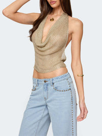 Solid Color Shimmering Reflective Backless Halter Neck Camisole
