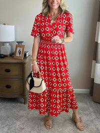 V-Neck Fashionable Elegant Stretch Waistline Polka-Dot Printed Maxi Dress