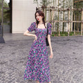 Summer Purple Puff-Sleeve Floral Dress For Women