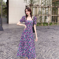 Summer Purple Puff-Sleeve Floral Dress For Women