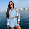 Autumn New Contrast Color Striped Short Shirt Shorts Suit