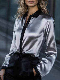 Womens Casual Loose Satin Color-Block Long-Sleeve Shirt