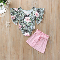 Printed two piece short skirt with flying sleeves