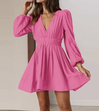 V-neck Waist-cinching Pleated Skirt With Ruffled Hem French Style