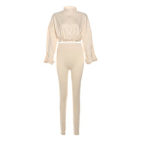 Drawstring Waist Zippered Midriff Baring Top Paired With High Waisted Solid Color Slim Fit Pants