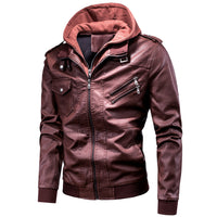 Men's detachable hooded pu leather jacket