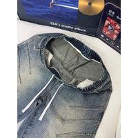 Washed Wrinkle-Effect Denim Shorts Mens Casual Mid-Length Pants