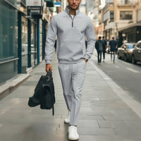Waffle-pattern Solid-color Stand-up Collar Pocket Half-zip Long-sleeve Hoodie And Pants Set