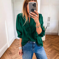 Women's Solid-color V-neck Long-sleeve Chiffon Blouse With Bow Tie Straps
