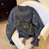 Women's Comfortable Sweater With Heart Pattern Long-Sleeved Crew-Neck Pullover