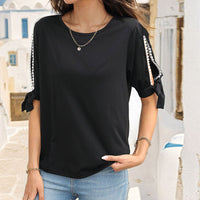 Elegant Commuter T-Shirt Womens Lace-Patchwork Cold-Shoulder T-Shirt